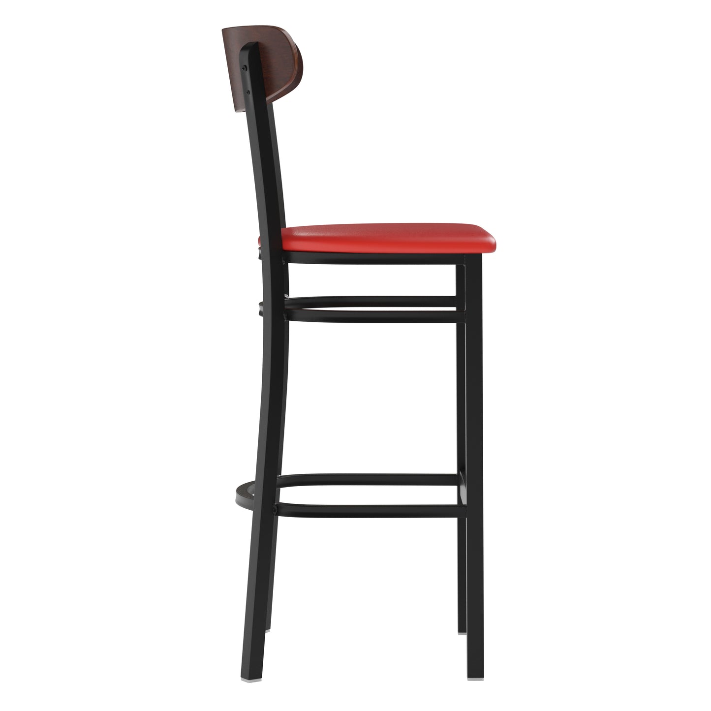 Wright Commercial Barstool with 500 LB. Capacity Black Steel Frame, Walnut Finish Wooden Boomerang Back, and Red Vinyl Seat Walnut Wood Back/Red Vinyl Seat