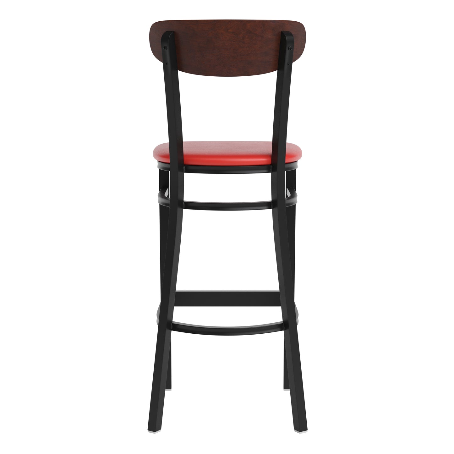 Wright Commercial Barstool with 500 LB. Capacity Black Steel Frame, Walnut Finish Wooden Boomerang Back, and Red Vinyl Seat Walnut Wood Back/Red Vinyl Seat