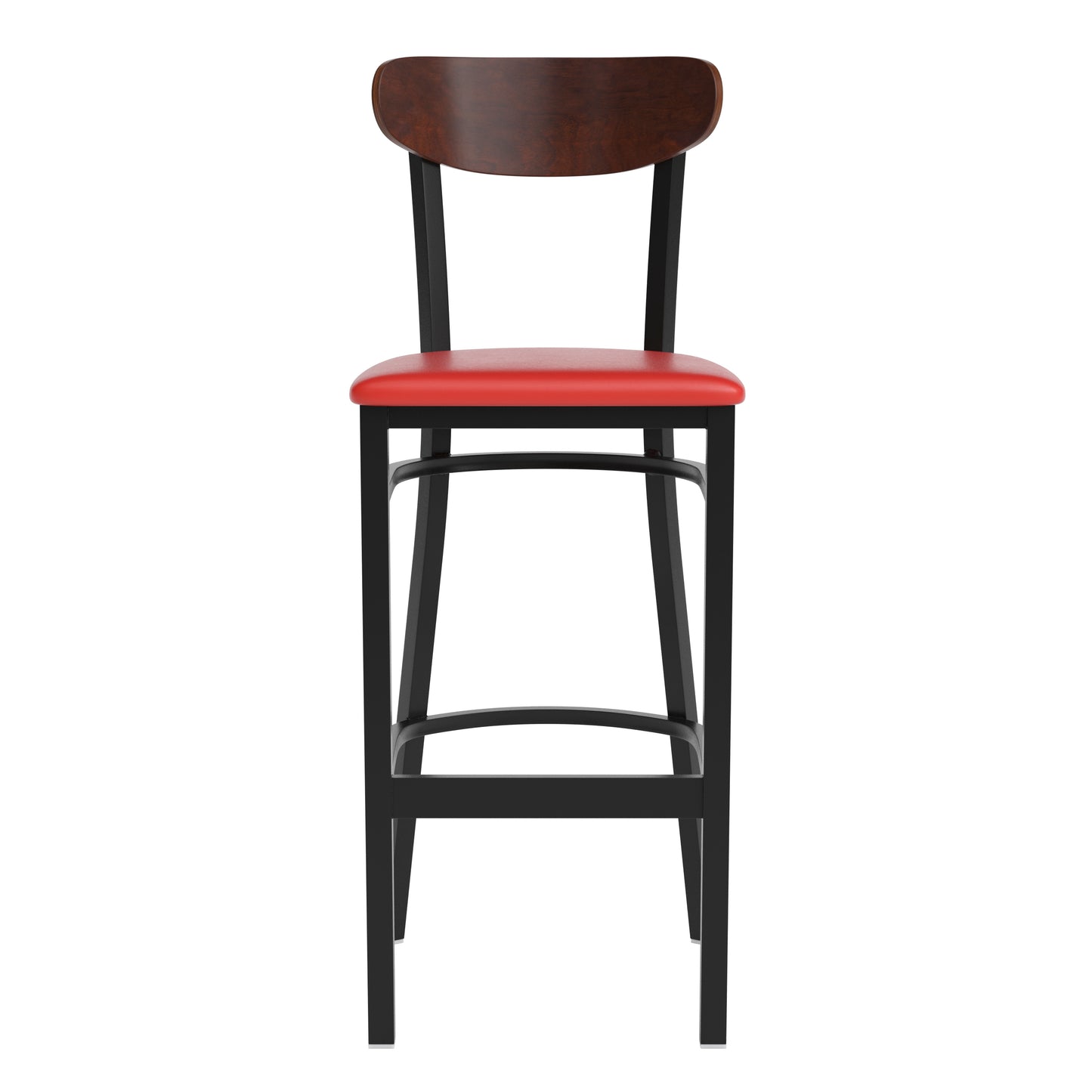 Wright Commercial Barstool with 500 LB. Capacity Black Steel Frame, Walnut Finish Wooden Boomerang Back, and Red Vinyl Seat Walnut Wood Back/Red Vinyl Seat