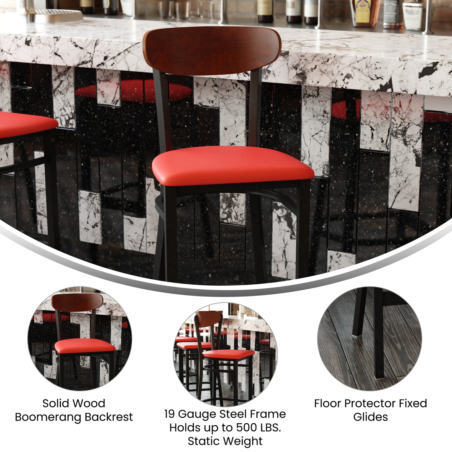 Wright Commercial Barstool with 500 LB. Capacity Black Steel Frame, Walnut Finish Wooden Boomerang Back, and Red Vinyl Seat Walnut Wood Back/Red Vinyl Seat