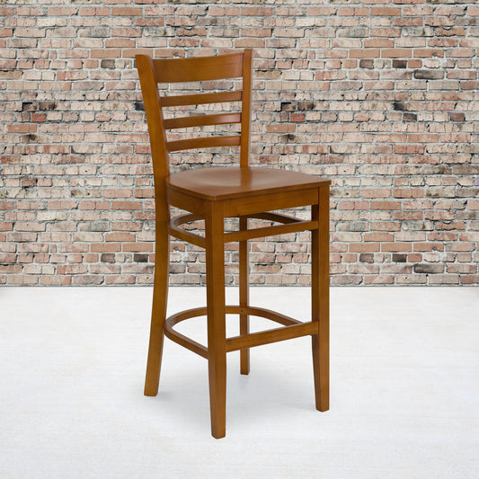 HERCULES Series Ladder Back Cherry Wood Restaurant Barstool Cherry Wood Seat/Cherry Wood Frame