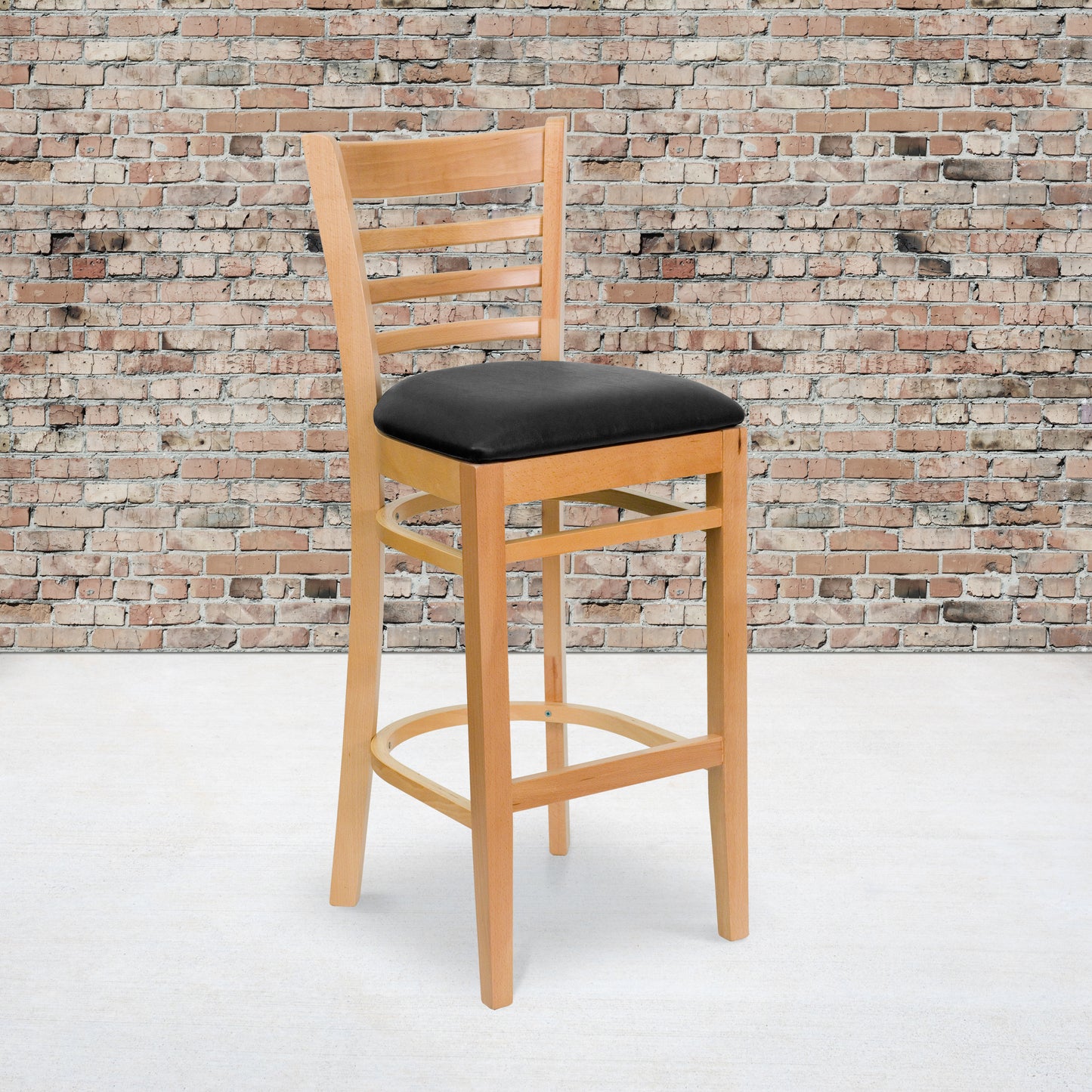 HERCULES Series Ladder Back Natural Wood Restaurant Barstool - Black Vinyl Seat Black Vinyl Seat/Natural Wood Frame XU-DGW0005BARLAD-NAT-BLKV-GG