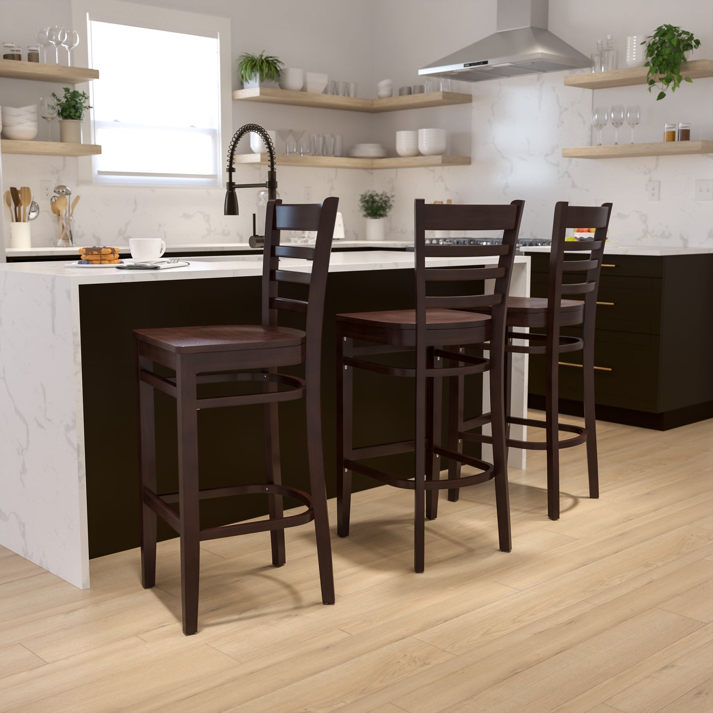 HERCULES Series Ladder Back Walnut Wood Restaurant Barstool Walnut Wood Seat/Walnut Wood Frame