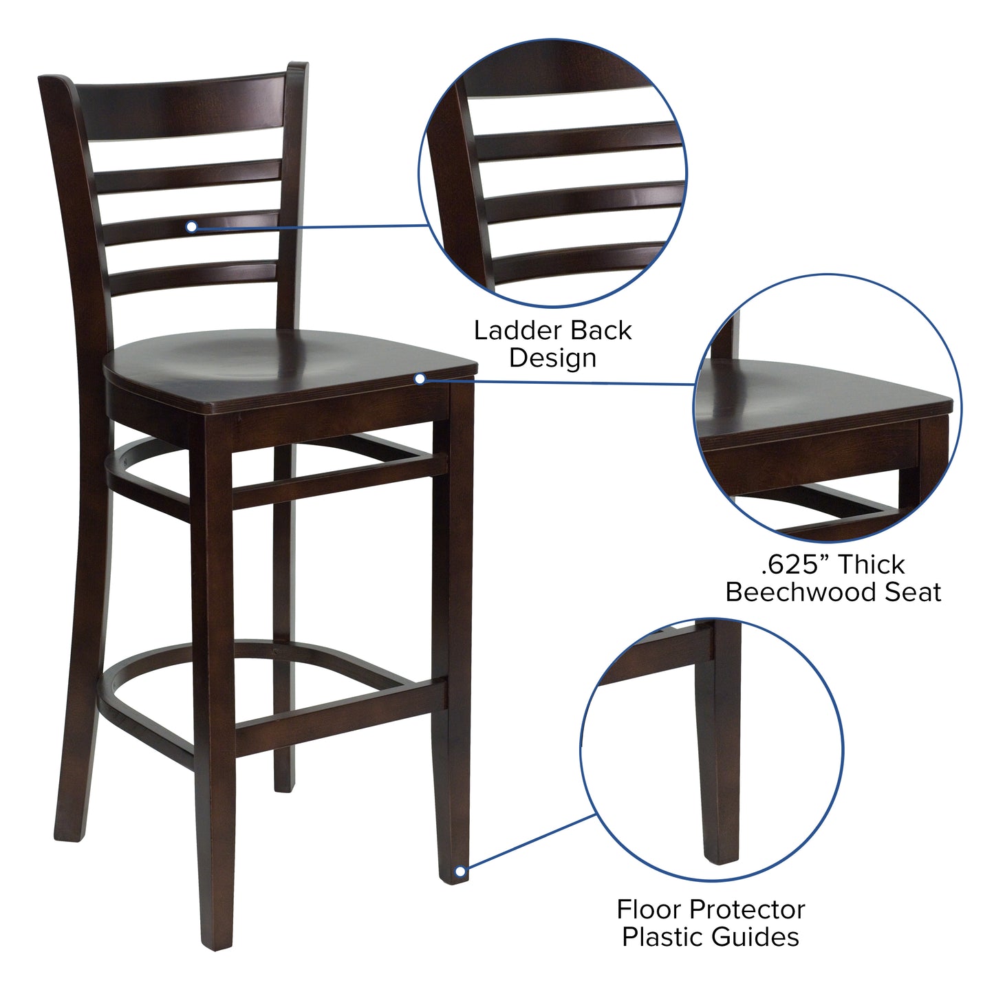 HERCULES Series Ladder Back Walnut Wood Restaurant Barstool Walnut Wood Seat/Walnut Wood Frame