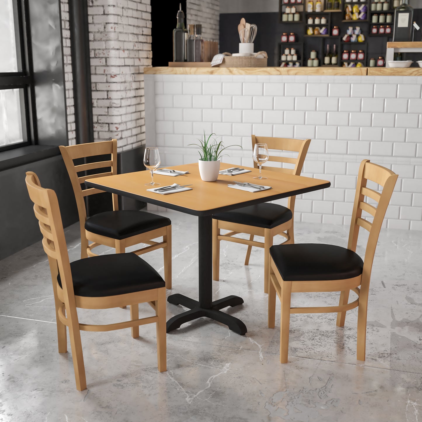 HERCULES Series Ladder Back Natural Wood Restaurant Chair - Black Vinyl Seat Black Vinyl Seat/Natural Wood Frame