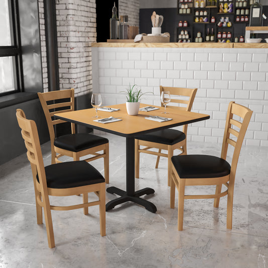 HERCULES Series Ladder Back Natural Wood Restaurant Chair - Black Vinyl Seat Black Vinyl Seat/Natural Wood Frame