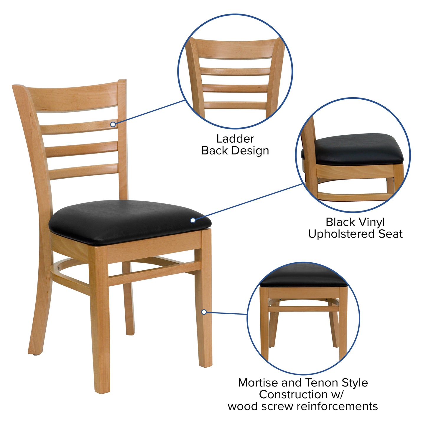 HERCULES Series Ladder Back Natural Wood Restaurant Chair - Black Vinyl Seat Black Vinyl Seat/Natural Wood Frame