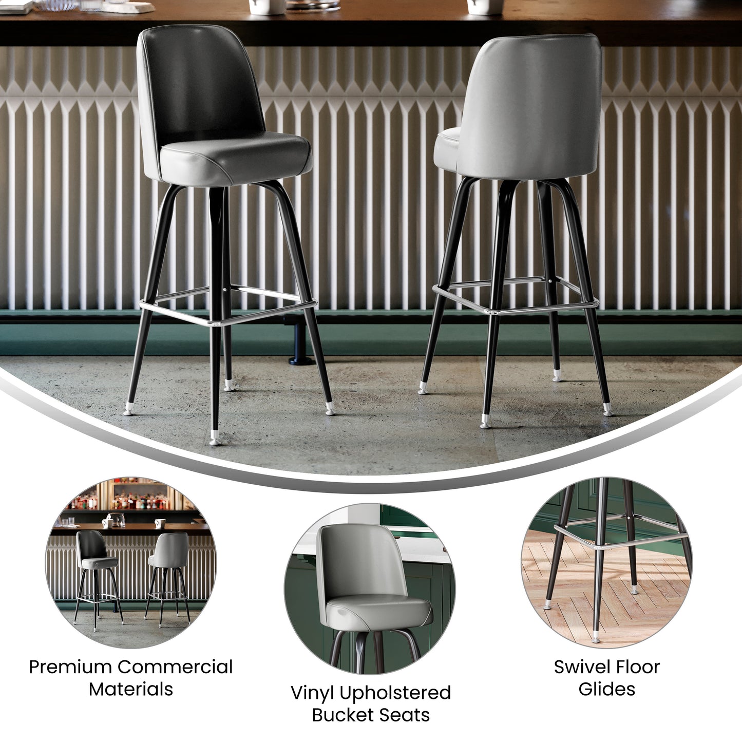 James Commercial Grade Metal Barstool with Gray Swivel Bucket Seat Gray