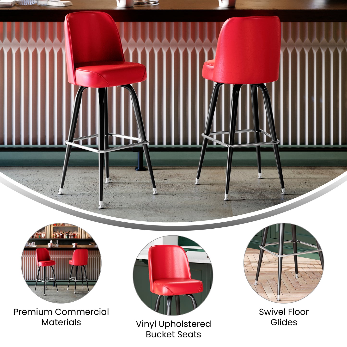 James Commercial Grade Metal Barstool with Red Swivel Bucket Seat Red