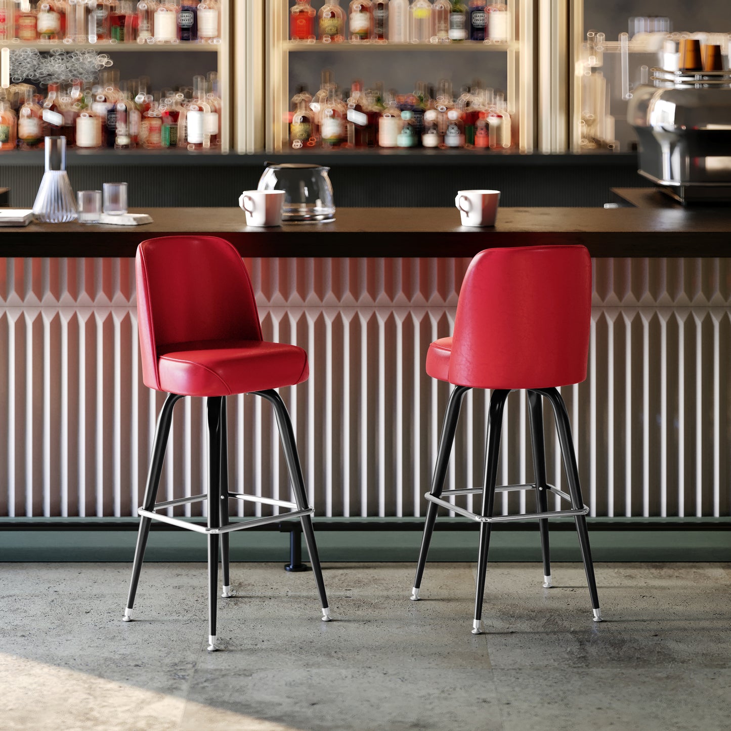 James Commercial Grade Metal Barstool with Red Swivel Bucket Seat Red