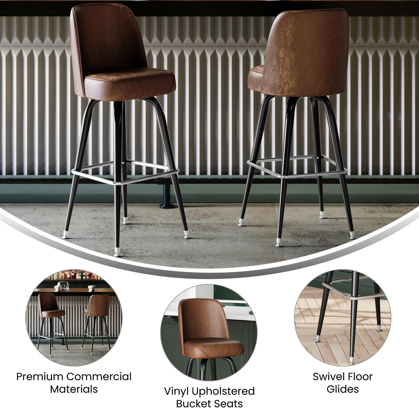 James Commercial Grade Metal Barstool with Weathered Brown Swivel Bucket Seat Weathered Brown