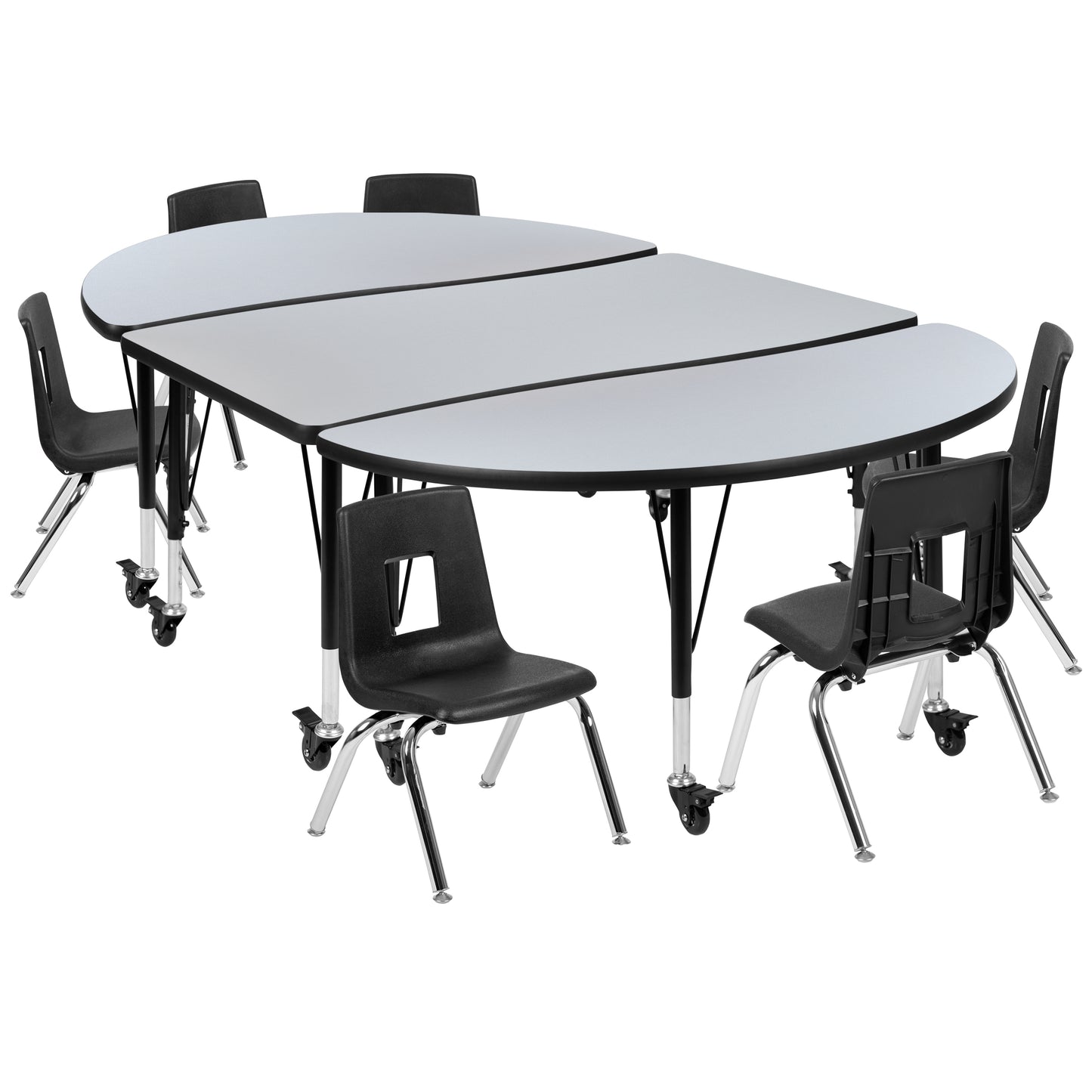 Emmy Mobile 76" Oval Wave Flexible Laminate Activity Table Set with 14" Student Stack Chairs, Grey/Black Grey