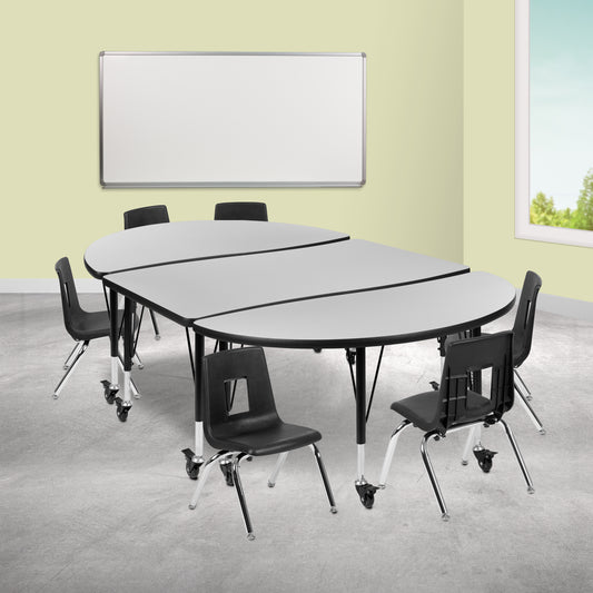 Emmy Mobile 76" Oval Wave Flexible Laminate Activity Table Set with 14" Student Stack Chairs, Grey/Black Grey