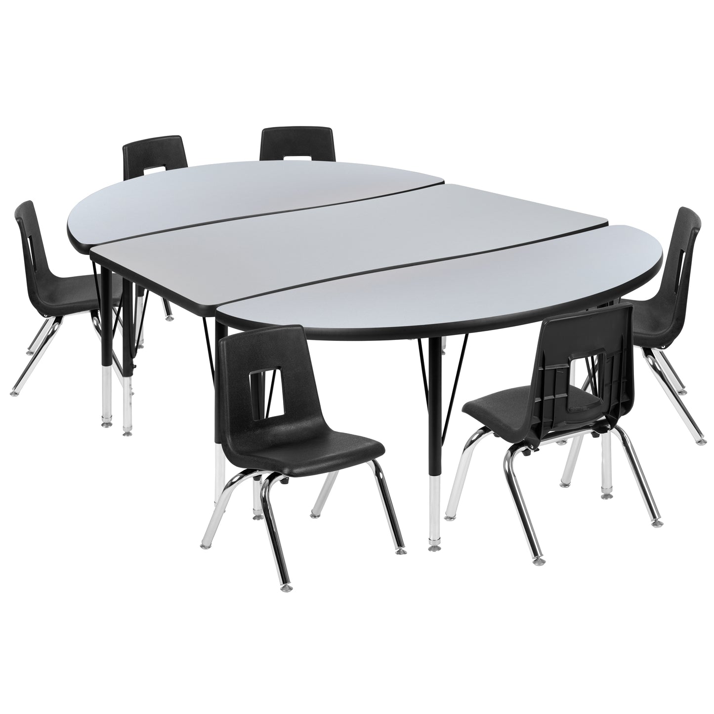Emmy 76" Oval Wave Flexible Laminate Activity Table Set with 14" Student Stack Chairs, Grey/Black Grey