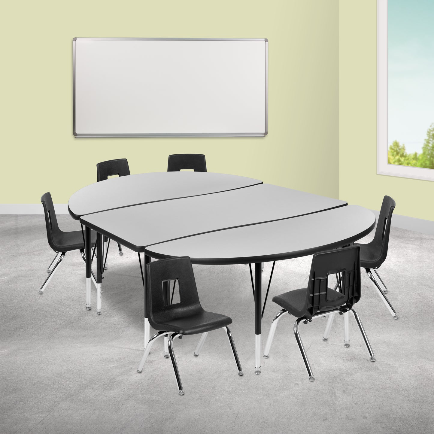 Emmy 76" Oval Wave Flexible Laminate Activity Table Set with 14" Student Stack Chairs, Grey/Black Grey