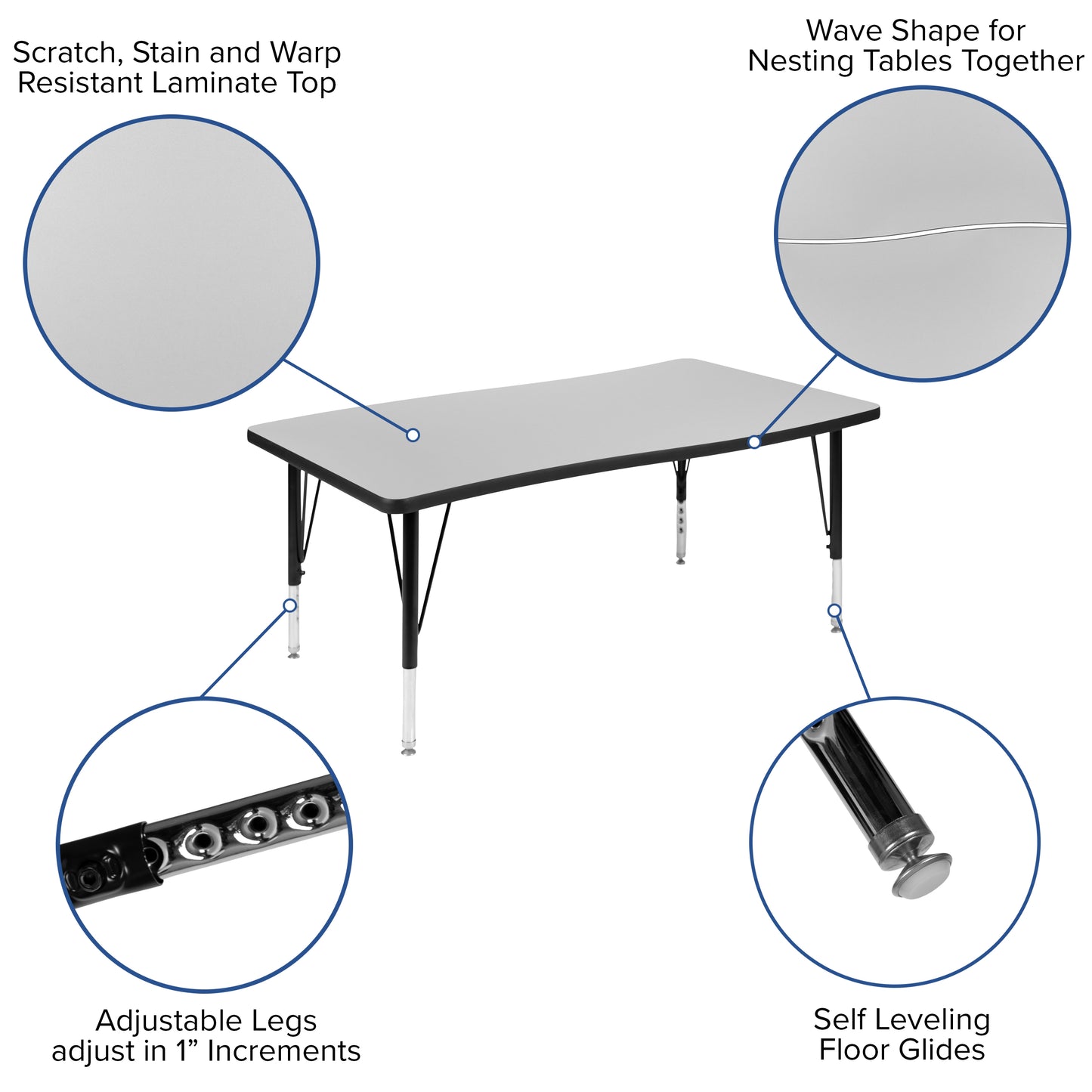 Emmy 76" Oval Wave Flexible Laminate Activity Table Set with 14" Student Stack Chairs, Grey/Black Grey