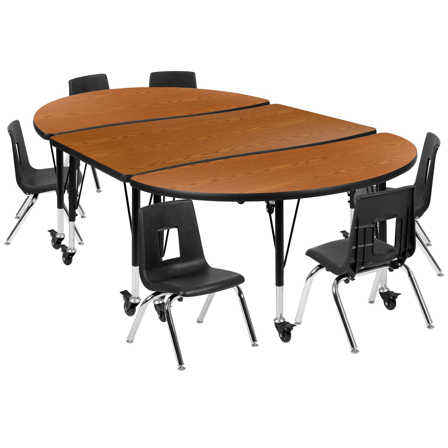 Emmy Mobile 76" Oval Wave Flexible Laminate Activity Table Set with 14" Student Stack Chairs, Oak/Black Oak