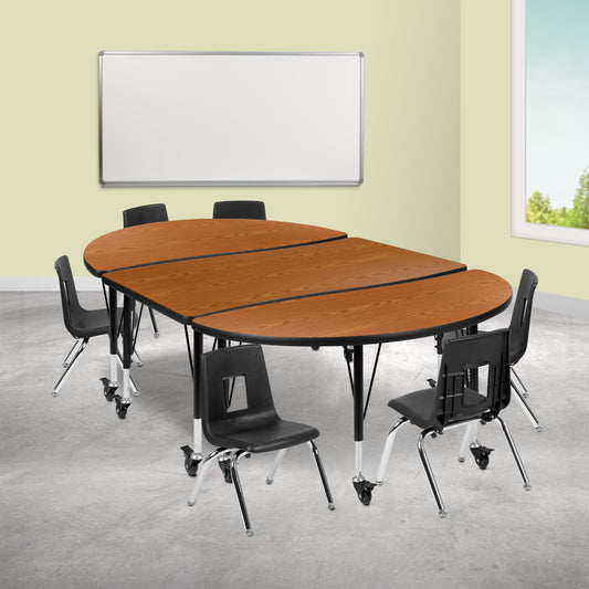 Emmy Mobile 76" Oval Wave Flexible Laminate Activity Table Set with 14" Student Stack Chairs, Oak/Black Oak