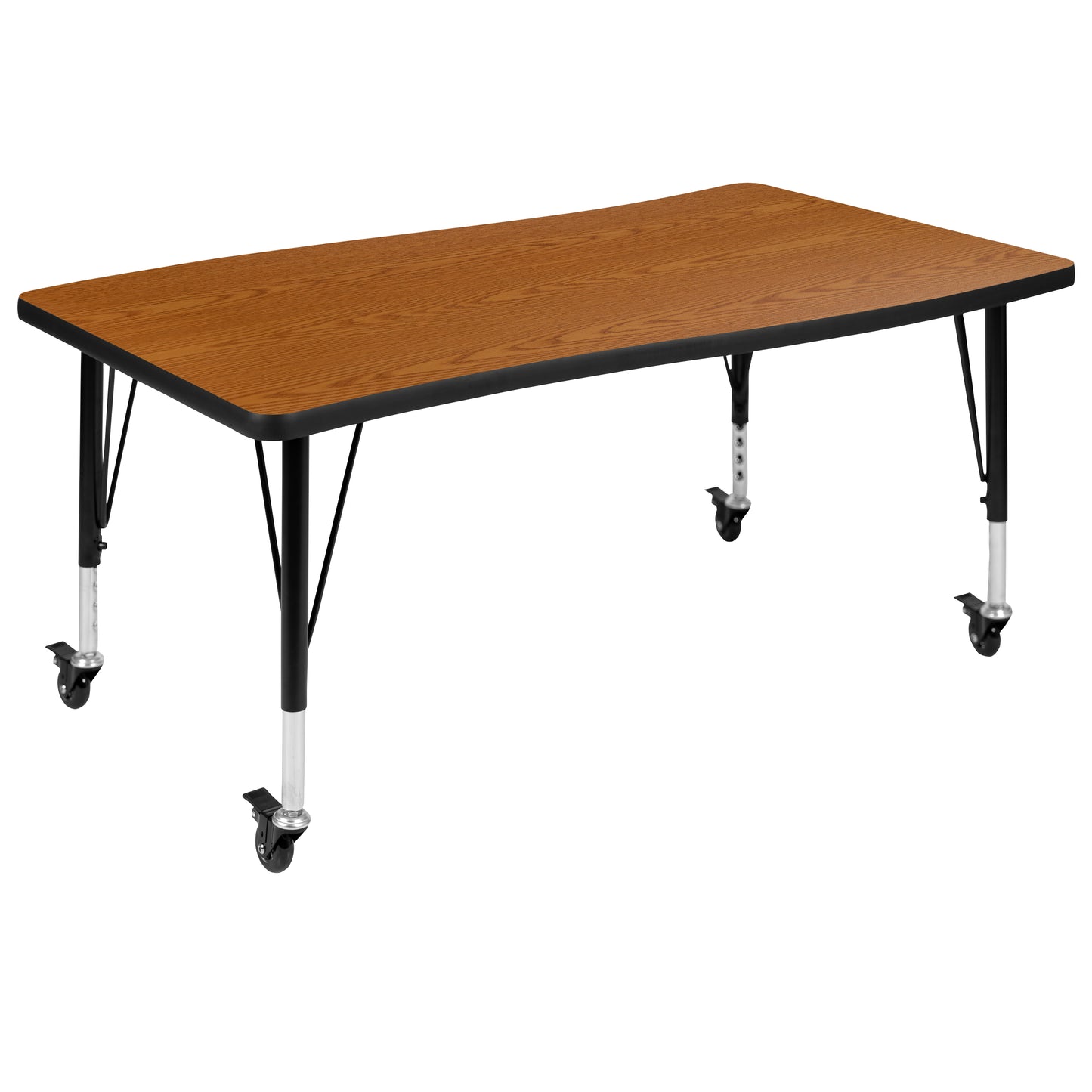 Emmy Mobile 76" Oval Wave Flexible Laminate Activity Table Set with 14" Student Stack Chairs, Oak/Black Oak