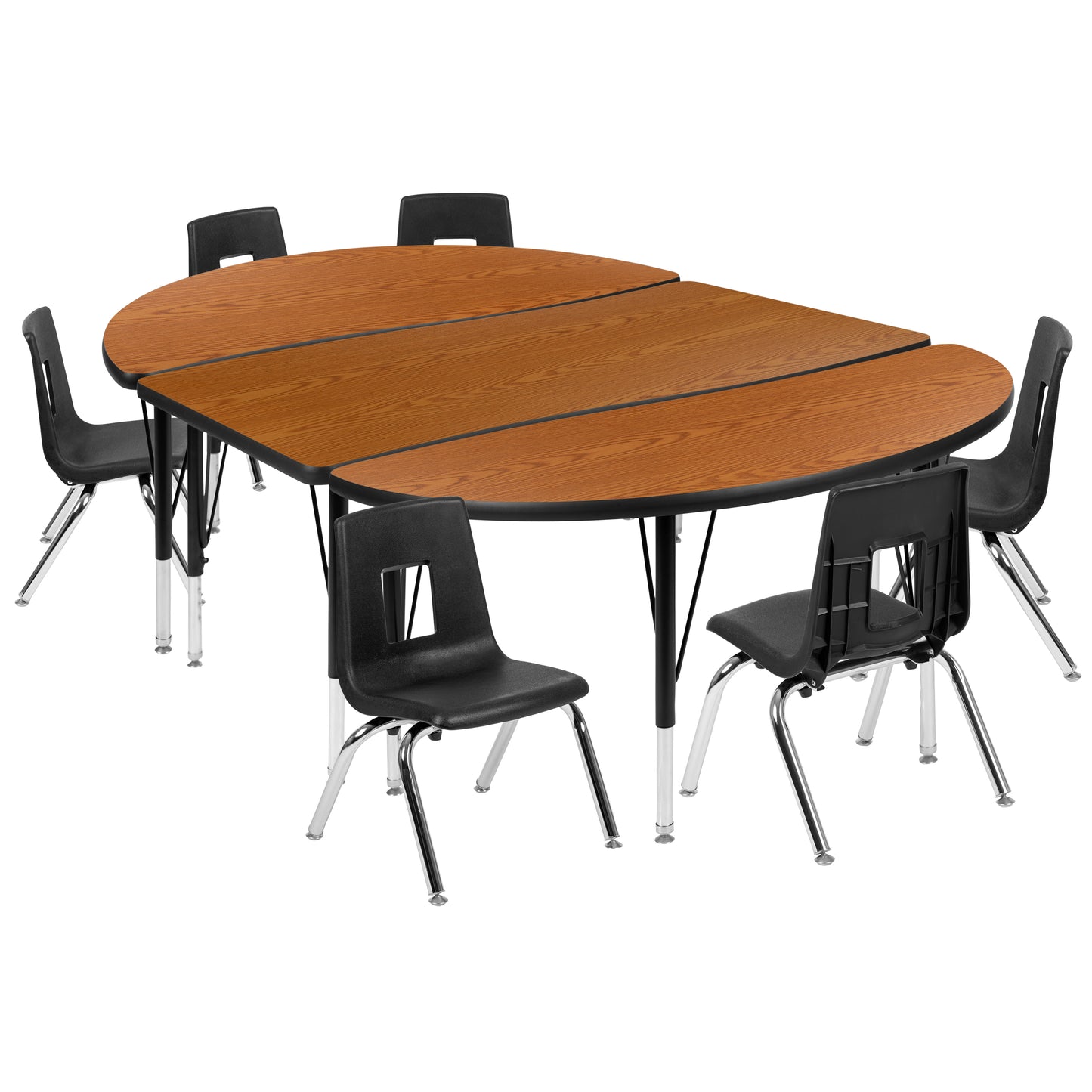 Emmy 76" Oval Wave Flexible Laminate Activity Table Set with 14" Student Stack Chairs, Oak/Black Oak XU-GRP-14CH-A3048CON-48-OAK-T-P-GG