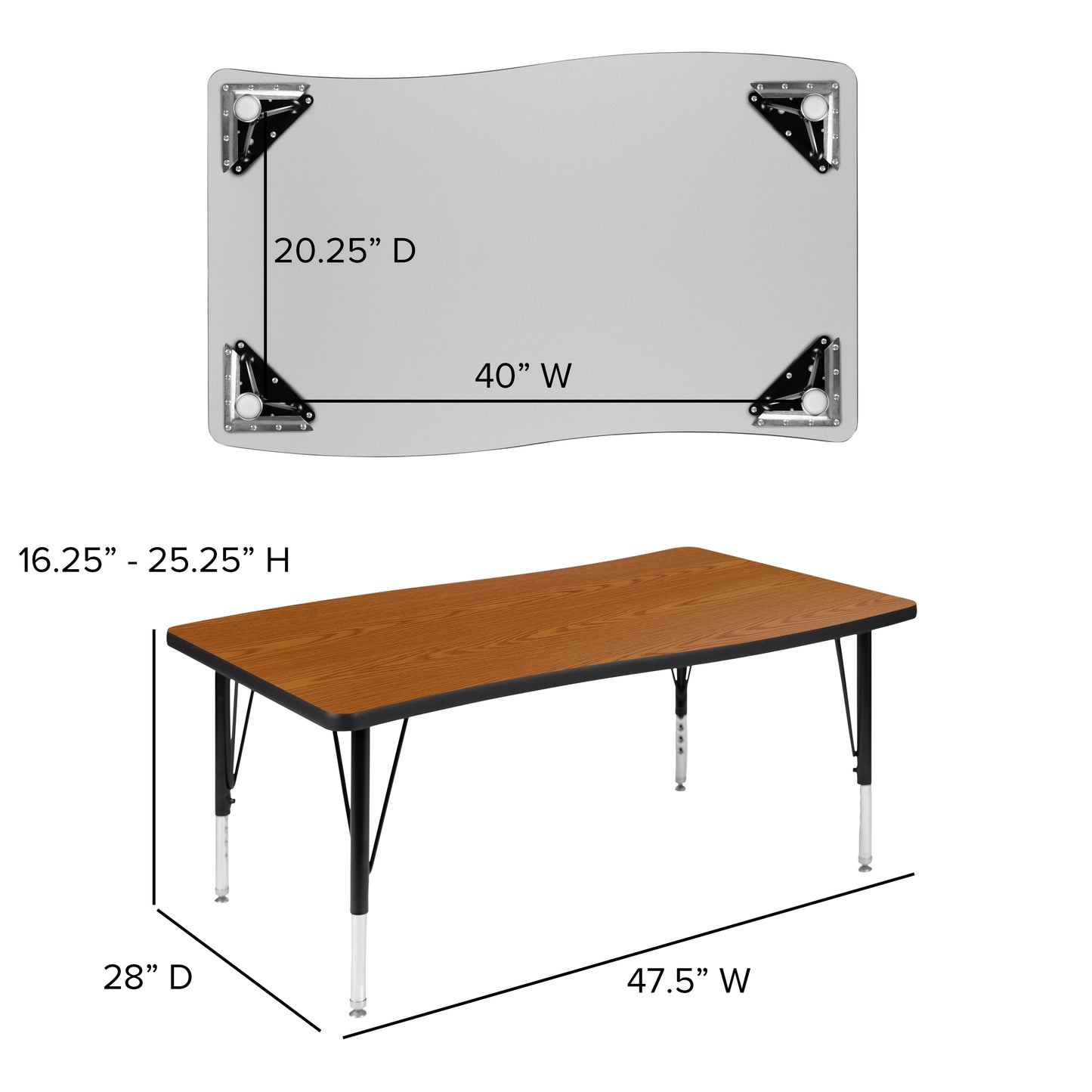 Emmy 76" Oval Wave Flexible Laminate Activity Table Set with 14" Student Stack Chairs, Oak/Black Oak XU-GRP-14CH-A3048CON-48-OAK-T-P-GG