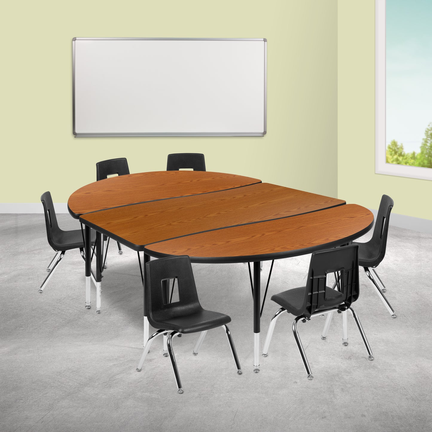 Emmy 76" Oval Wave Flexible Laminate Activity Table Set with 14" Student Stack Chairs, Oak/Black Oak XU-GRP-14CH-A3048CON-48-OAK-T-P-GG