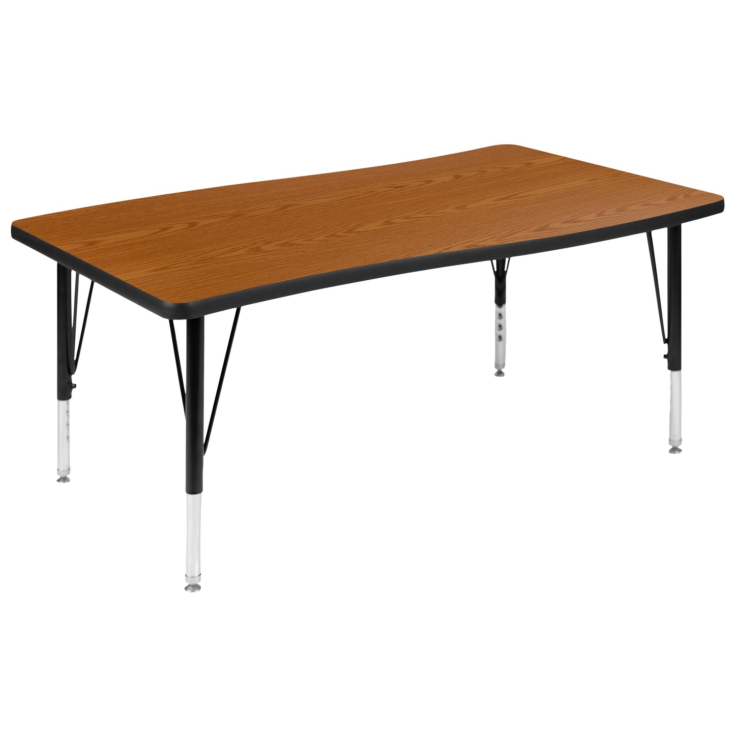 Emmy 76" Oval Wave Flexible Laminate Activity Table Set with 14" Student Stack Chairs, Oak/Black Oak XU-GRP-14CH-A3048CON-48-OAK-T-P-GG