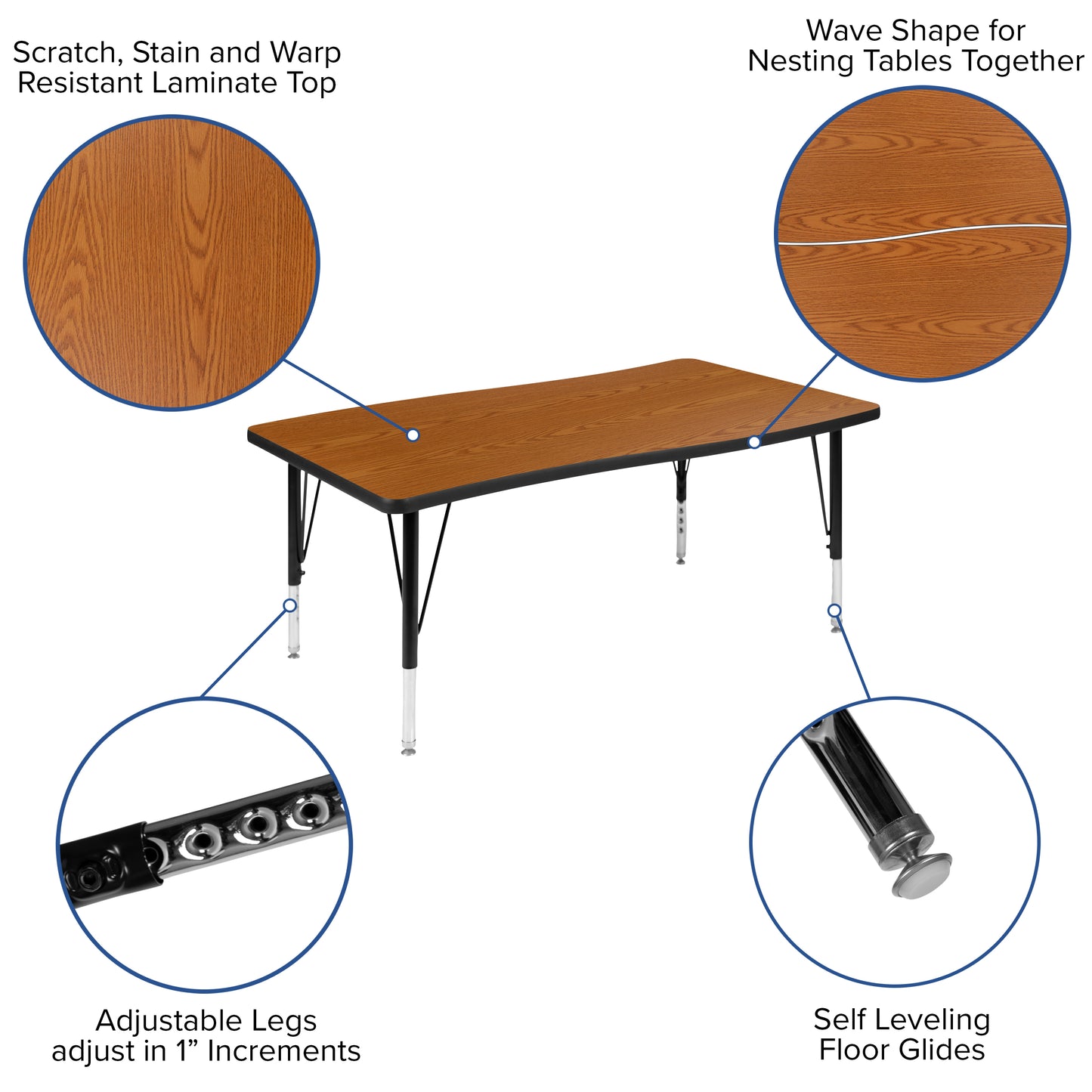 Emmy 76" Oval Wave Flexible Laminate Activity Table Set with 14" Student Stack Chairs, Oak/Black Oak XU-GRP-14CH-A3048CON-48-OAK-T-P-GG