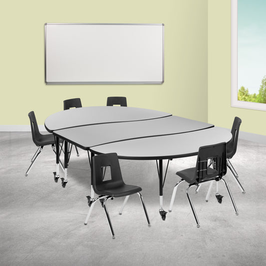 Emmy Mobile 86" Oval Wave Flexible Laminate Activity Table Set with 14" Student Stack Chairs, Grey/Black Grey