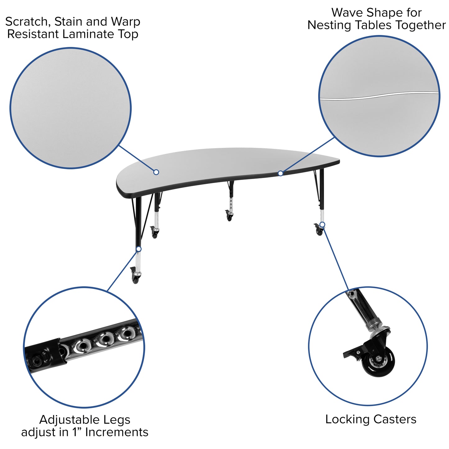 Emmy Mobile 86" Oval Wave Flexible Laminate Activity Table Set with 14" Student Stack Chairs, Grey/Black Grey XU-GRP-14CH-A3060CON-60-GY-T-P-CAS-GG