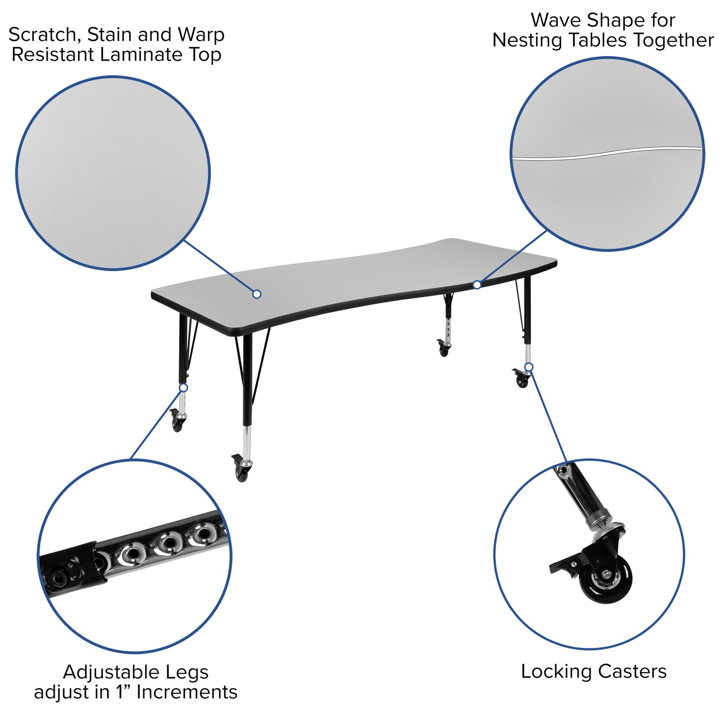 Emmy Mobile 86" Oval Wave Flexible Laminate Activity Table Set with 14" Student Stack Chairs, Grey/Black Grey XU-GRP-14CH-A3060CON-60-GY-T-P-CAS-GG