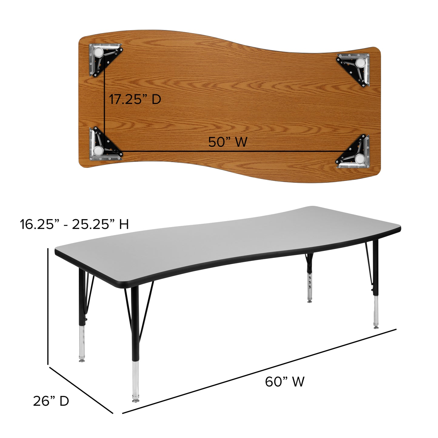 Emmy 86" Oval Wave Flexible Laminate Activity Table Set with 14" Student Stack Chairs, Grey/Black Grey XU-GRP-14CH-A3060CON-60-GY-T-P-GG
