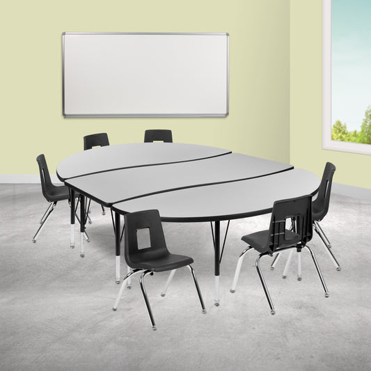 Emmy 86" Oval Wave Flexible Laminate Activity Table Set with 14" Student Stack Chairs, Grey/Black Grey