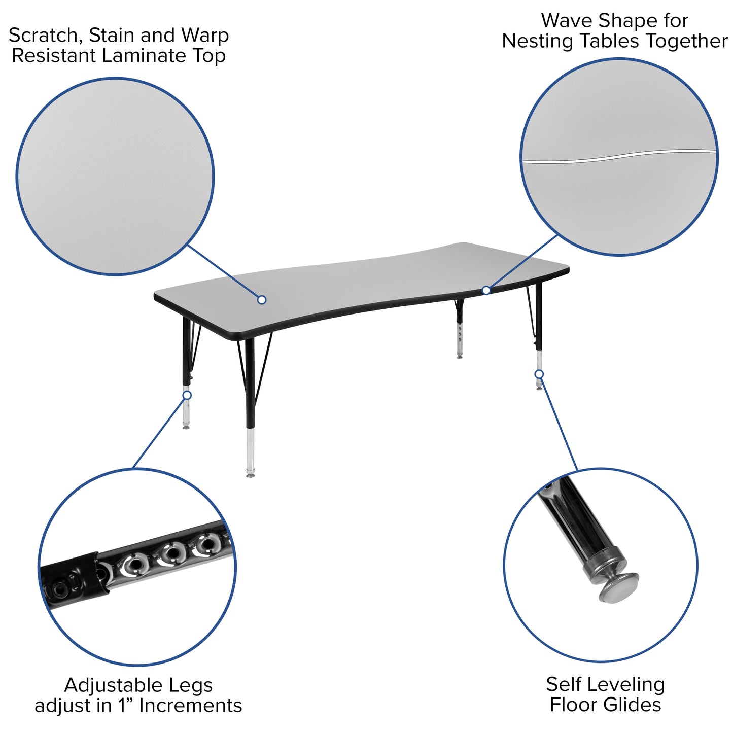 Emmy 86" Oval Wave Flexible Laminate Activity Table Set with 14" Student Stack Chairs, Grey/Black Grey XU-GRP-14CH-A3060CON-60-GY-T-P-GG