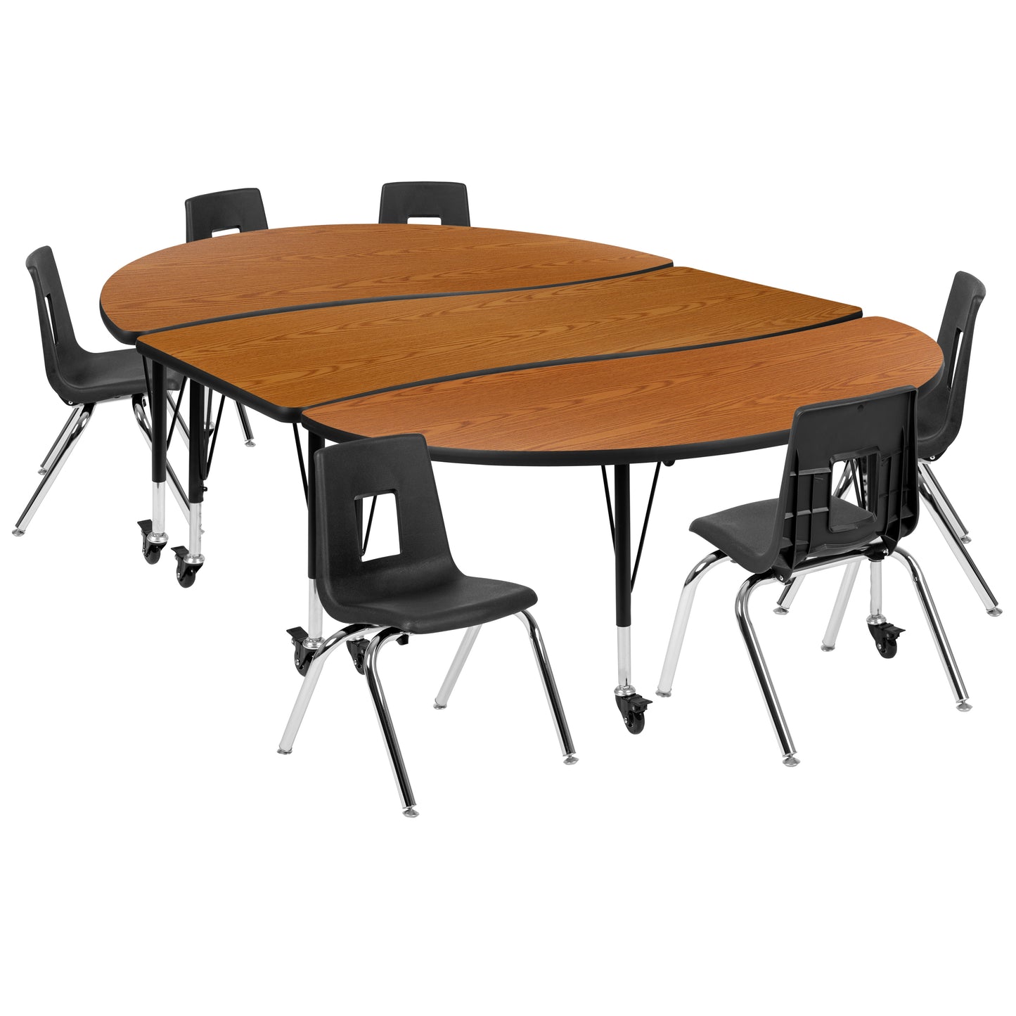 Emmy Mobile 86" Oval Wave Flexible Laminate Activity Table Set with 14" Student Stack Chairs, Oak/Black Oak
