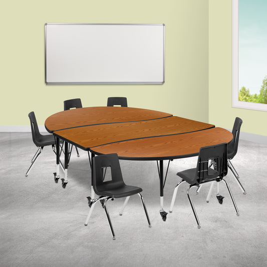 Emmy Mobile 86" Oval Wave Flexible Laminate Activity Table Set with 14" Student Stack Chairs, Oak/Black Oak