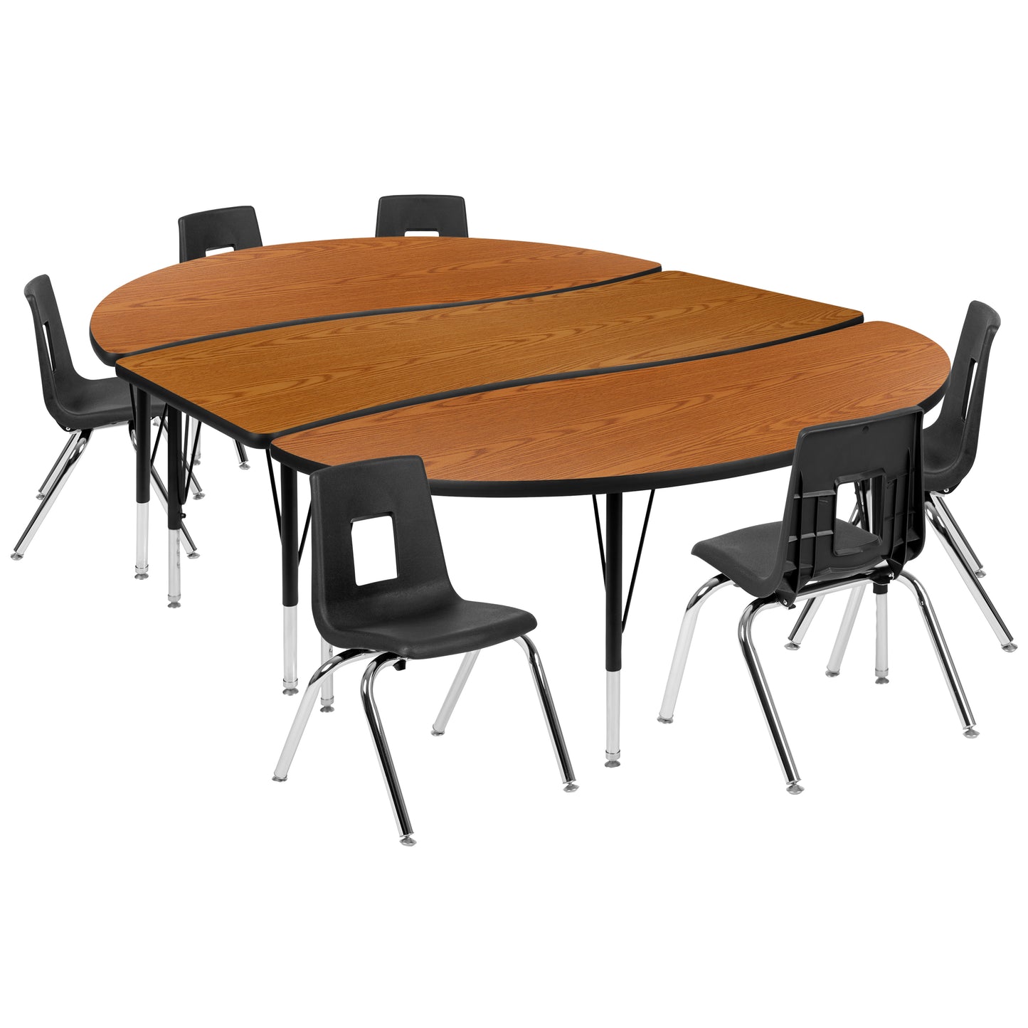 Emmy 86" Oval Wave Flexible Laminate Activity Table Set with 14" Student Stack Chairs, Oak/Black Oak