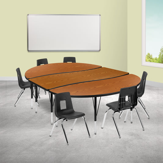 Emmy 86" Oval Wave Flexible Laminate Activity Table Set with 14" Student Stack Chairs, Oak/Black Oak