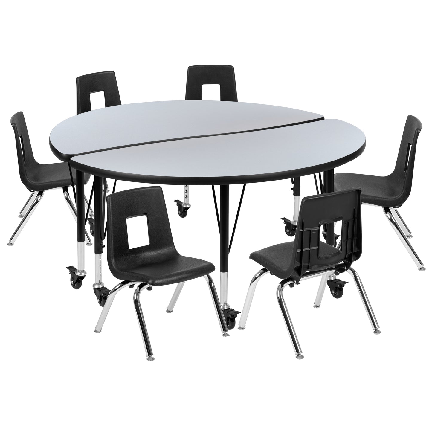 Emmy Mobile 47.5" Circle Wave Flexible Laminate Activity Table Set with 14" Student Stack Chairs, Grey/Black Grey