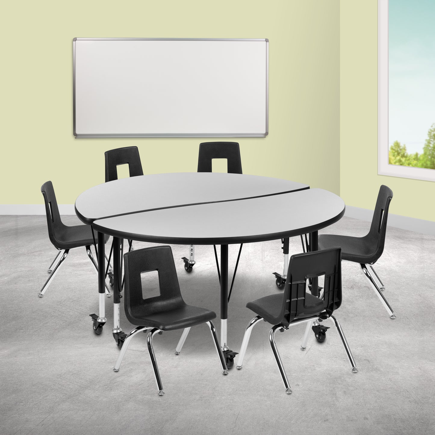 Emmy Mobile 47.5" Circle Wave Flexible Laminate Activity Table Set with 14" Student Stack Chairs, Grey/Black Grey