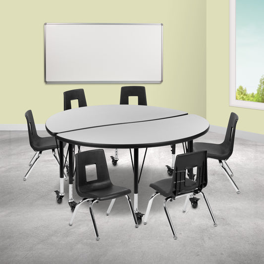 Emmy Mobile 47.5" Circle Wave Flexible Laminate Activity Table Set with 14" Student Stack Chairs, Grey/Black Grey