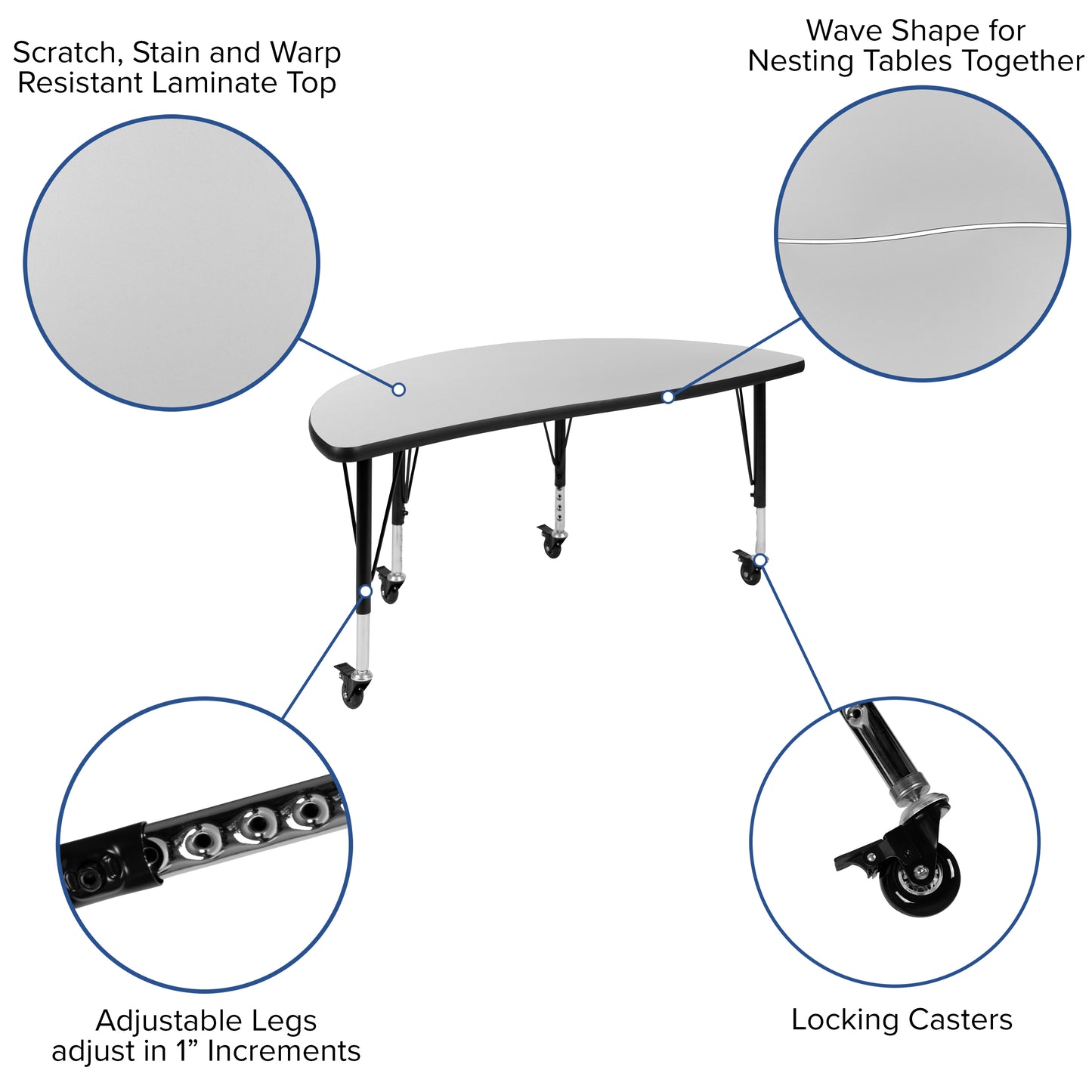 Emmy Mobile 47.5" Circle Wave Flexible Laminate Activity Table Set with 14" Student Stack Chairs, Grey/Black Grey
