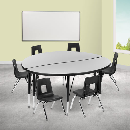 Emmy 47.5" Circle Wave Flexible Laminate Activity Table Set with 14" Student Stack Chairs, Grey/Black Grey
