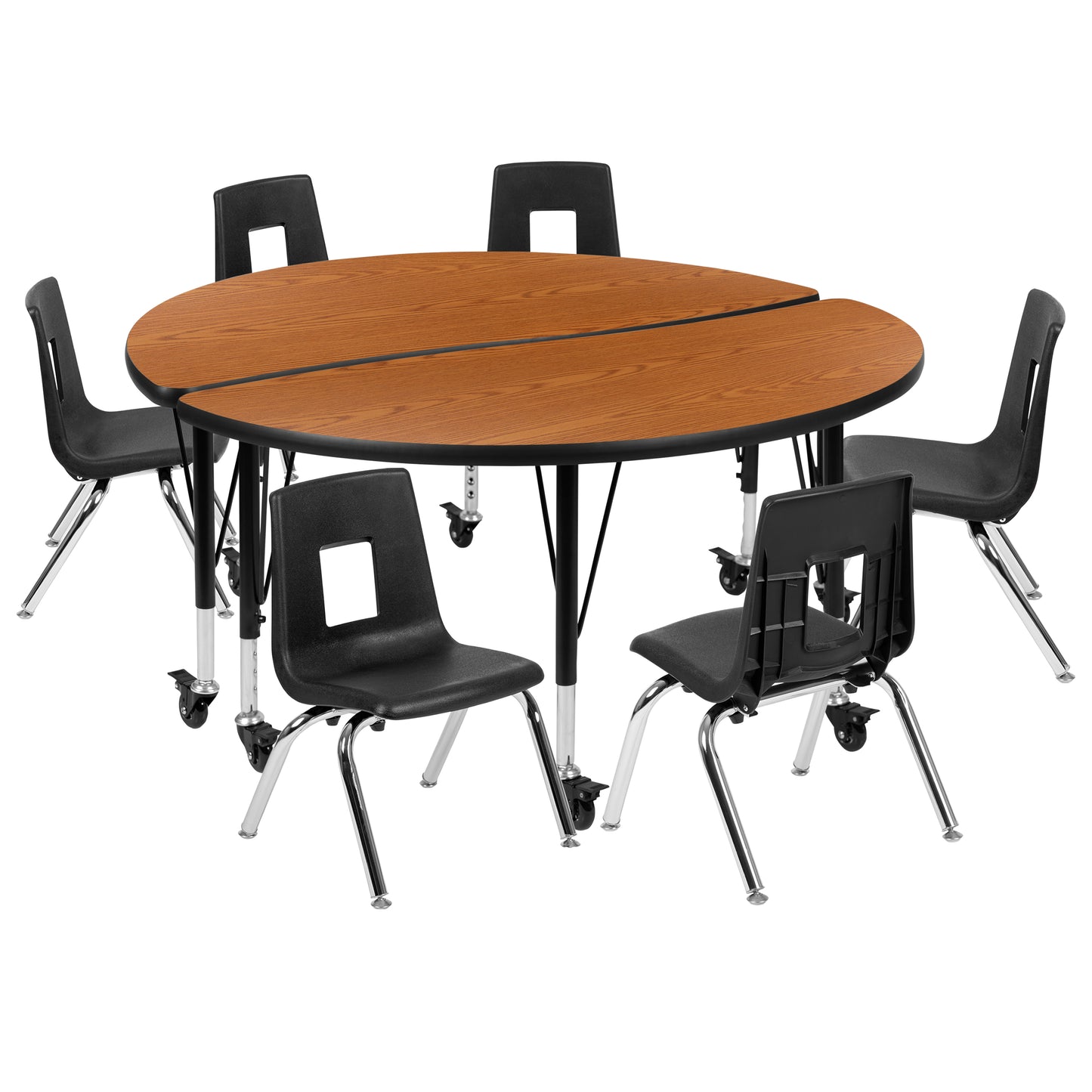 Emmy Mobile 47.5" Circle Wave Flexible Laminate Activity Table Set with 14" Student Stack Chairs, Oak/Black Oak