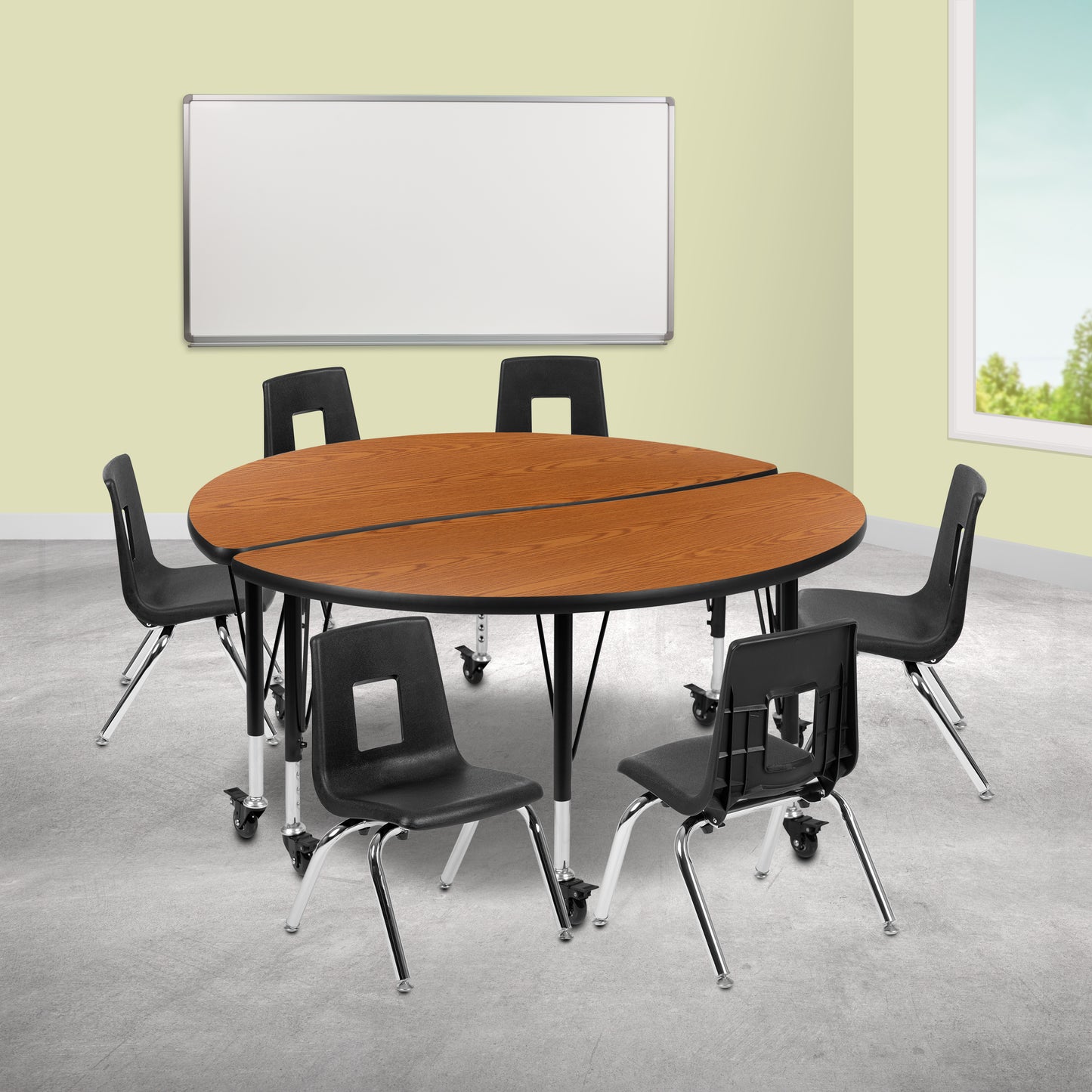 Emmy Mobile 47.5" Circle Wave Flexible Laminate Activity Table Set with 14" Student Stack Chairs, Oak/Black Oak