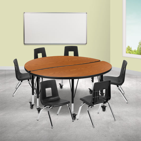 Emmy Mobile 47.5" Circle Wave Flexible Laminate Activity Table Set with 14" Student Stack Chairs, Oak/Black Oak