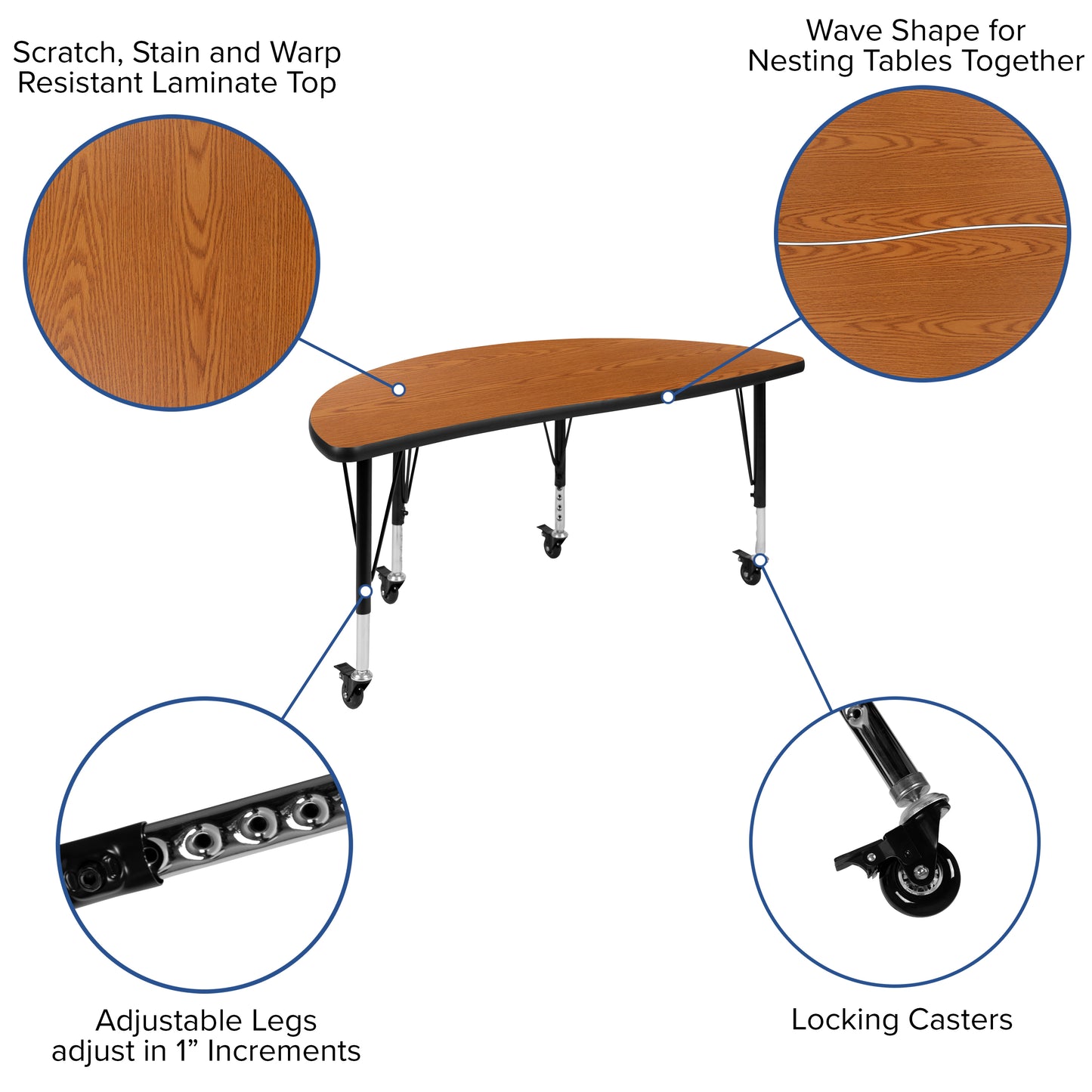 Emmy Mobile 47.5" Circle Wave Flexible Laminate Activity Table Set with 14" Student Stack Chairs, Oak/Black Oak