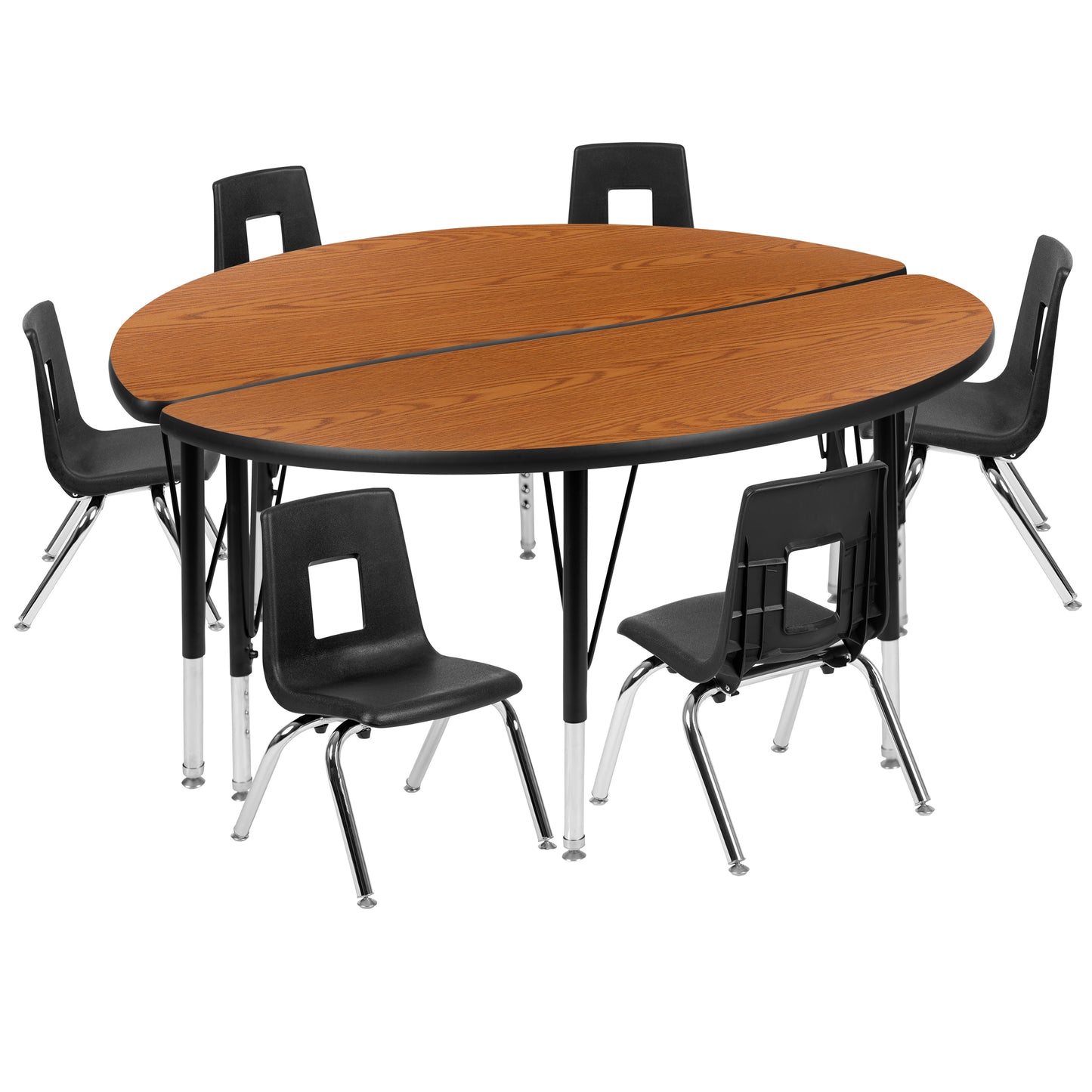 Emmy 47.5" Circle Wave Flexible Laminate Activity Table Set with 14" Student Stack Chairs, Oak/Black Oak XU-GRP-14CH-A48-HCIRC-OAK-T-P-GG