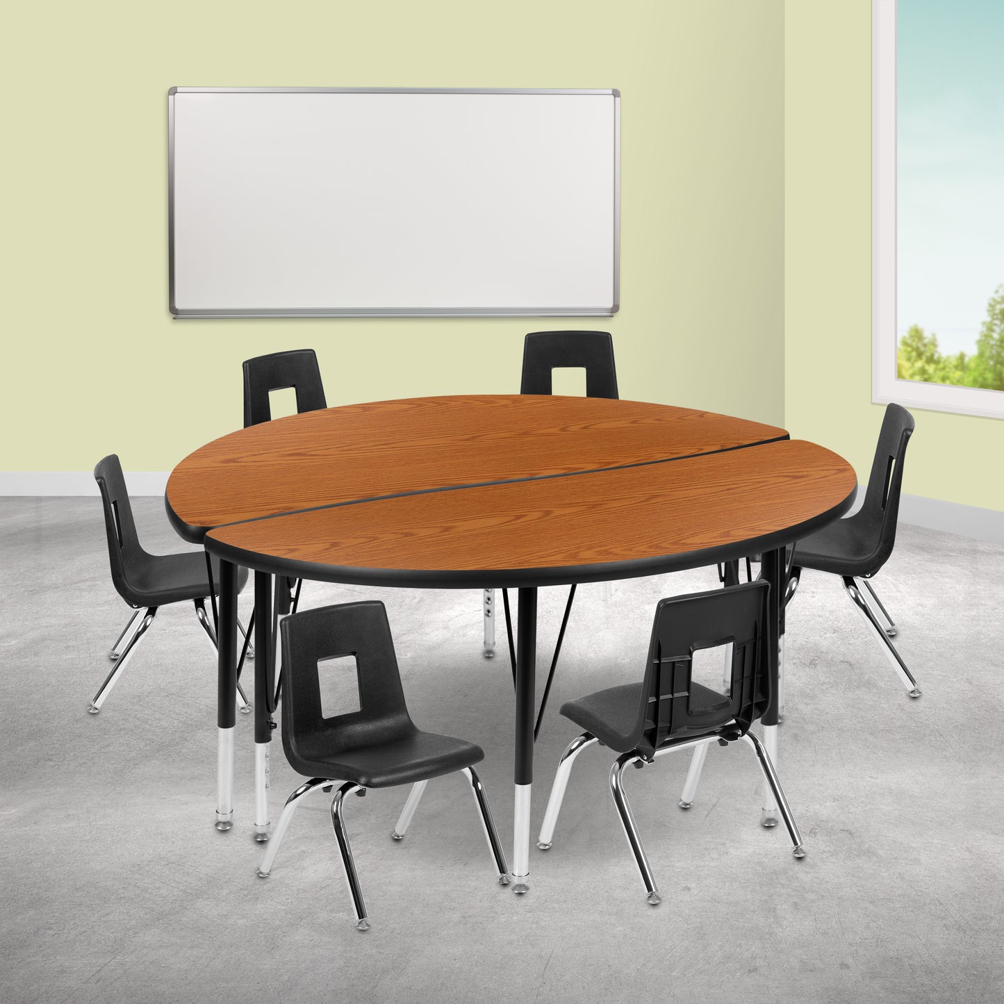 Emmy 47.5" Circle Wave Flexible Laminate Activity Table Set with 14" Student Stack Chairs, Oak/Black Oak XU-GRP-14CH-A48-HCIRC-OAK-T-P-GG