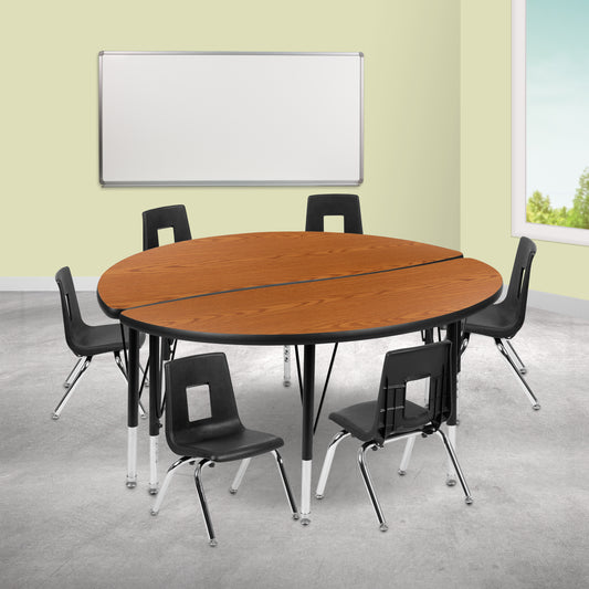 Emmy 47.5" Circle Wave Flexible Laminate Activity Table Set with 14" Student Stack Chairs, Oak/Black Oak